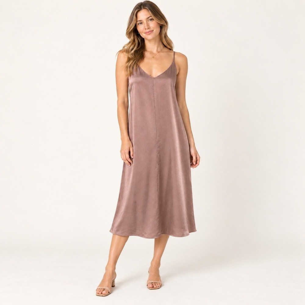 Heaven Lab Suite 13 Satin Slip Dress S Taupe V-Neck Organic Comfort Wear